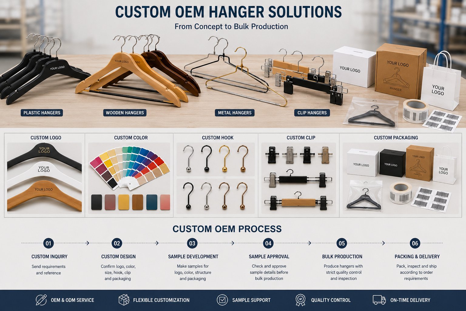 Custom OEM hanger options for logo color hook clip and packaging
