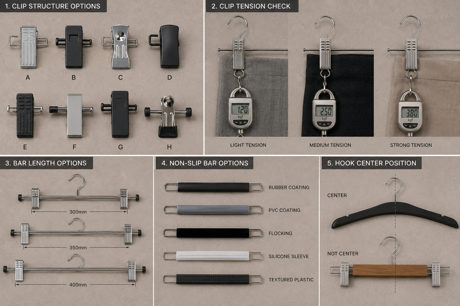 Custom clip and bar structure options for hangers