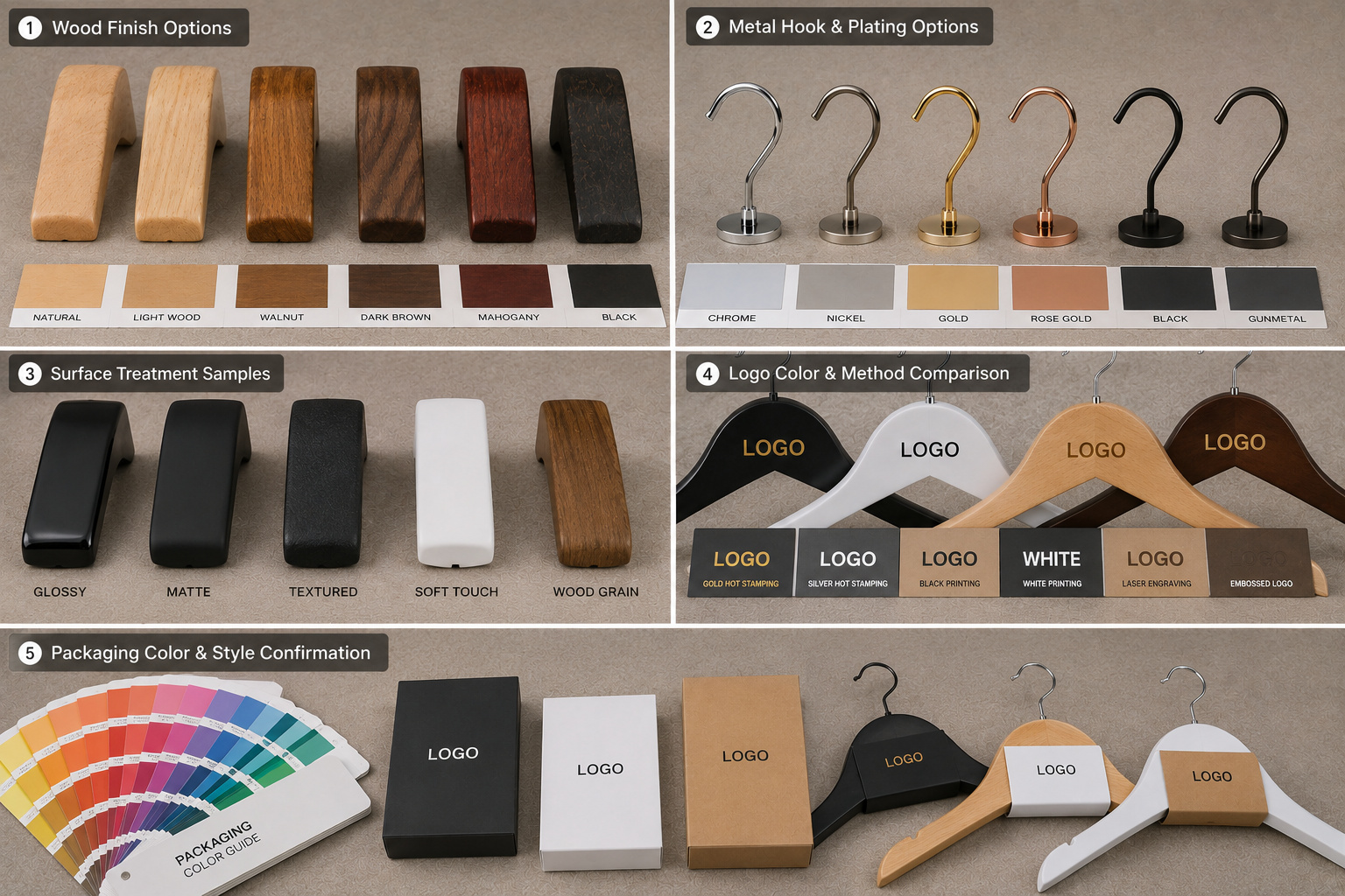 Custom hanger finish approval with wood metal logo and packaging colors