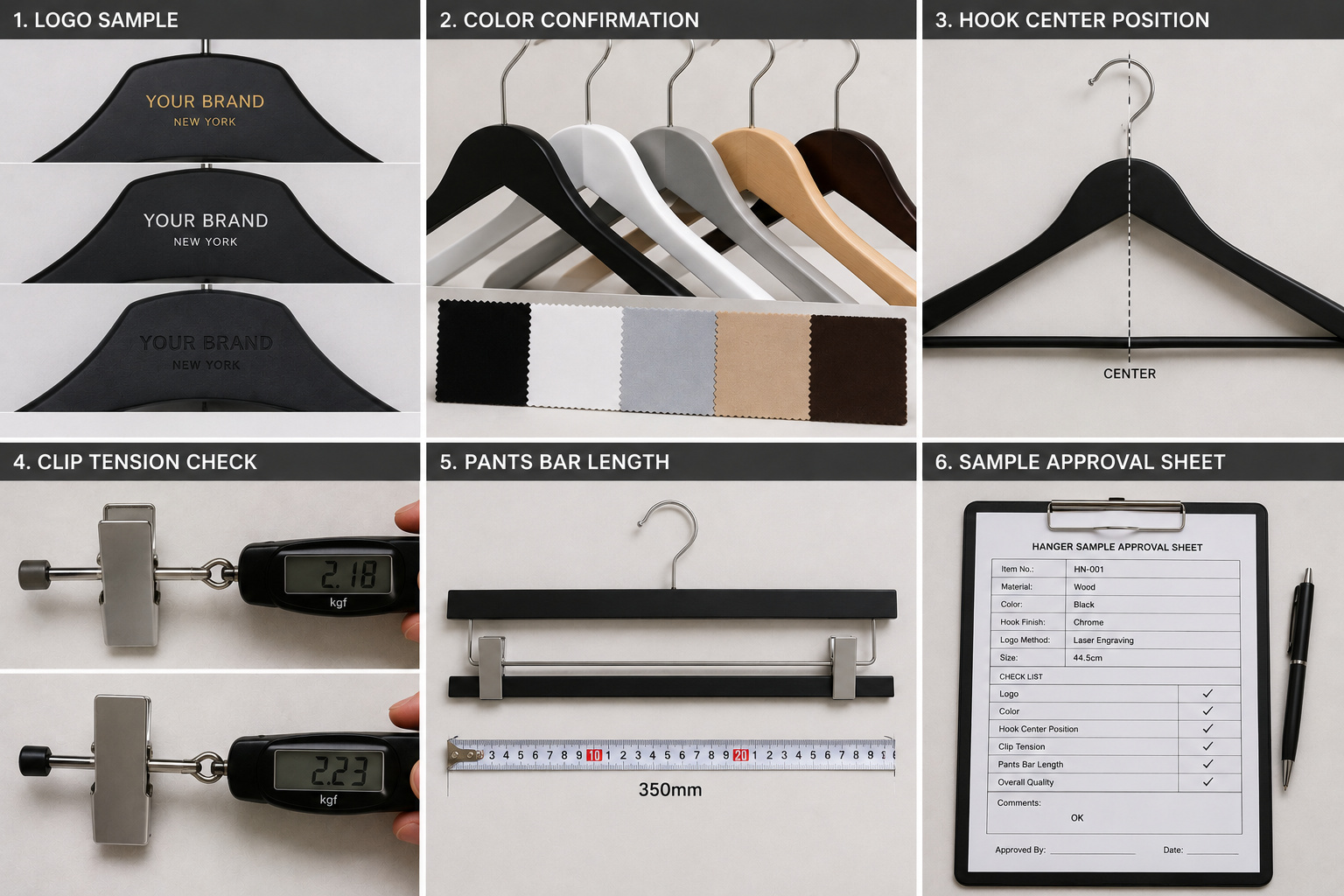 Custom hanger sample approval with logo color hook and clip checks