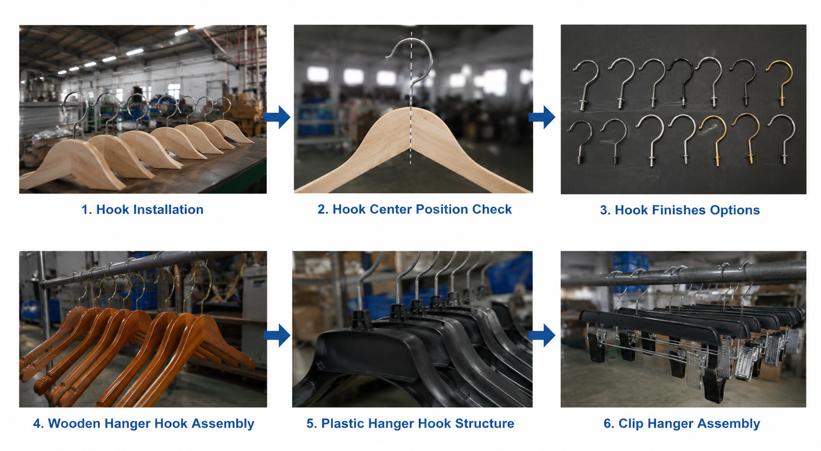 Hook assembly process for wooden plastic and clip hangers