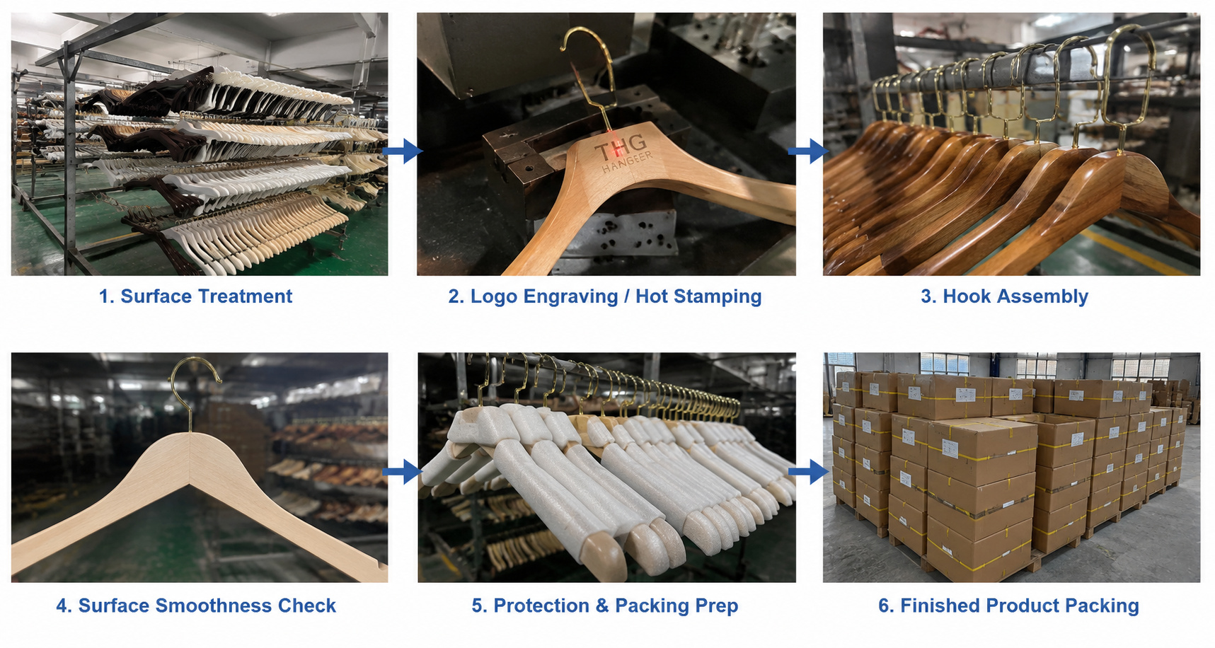 Wooden hanger finishing logo hook assembly and inspection