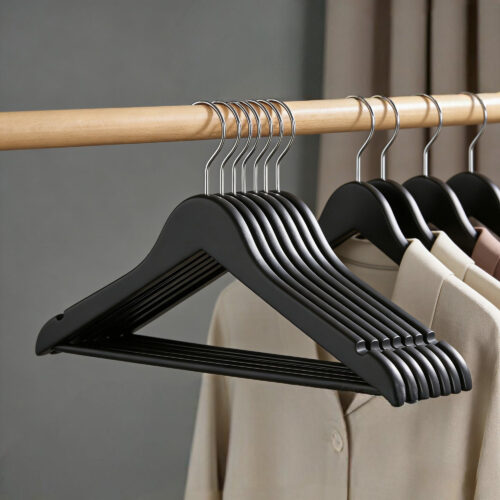 Wooden hanger logo detail on black surface