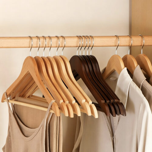 Wooden suit hangers arranged for bulk order